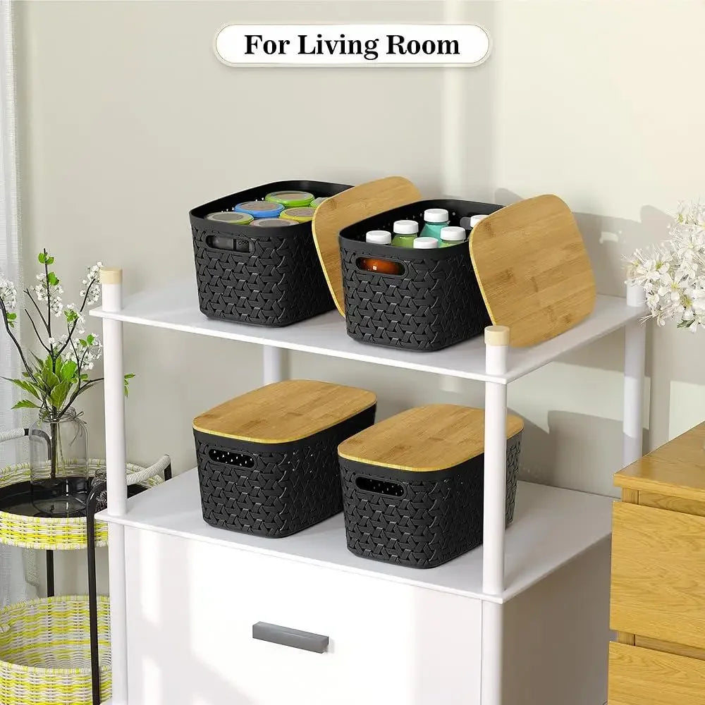 Stackable Plastic Storage Bins with Bamboo Lids Set of 4 Multifunctional Storage Containers Home Organization Kitchen Office Use