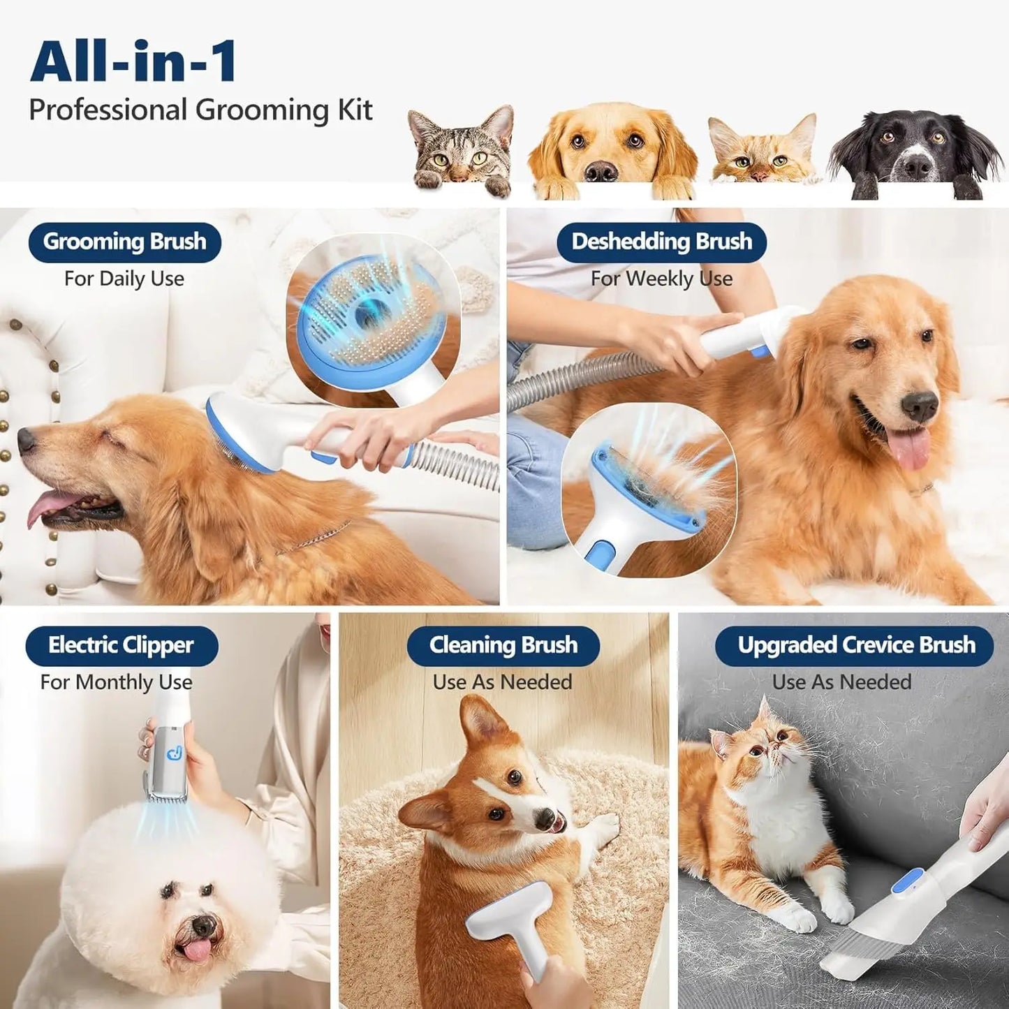 Pet Grooming Vacuum Kit 5 In 1 Dust Cup For Shedding Dogs