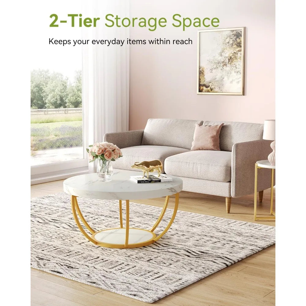 32 Inch Circle Faux Marble Coffee Table With Gold Legs