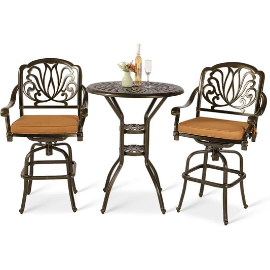 3 Piece Patio Swivel Bar Stools Set All Weather Cast Aluminum Outdoor Bistro