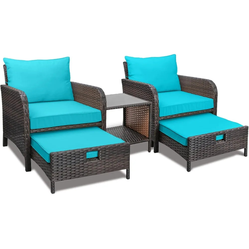 Balcony Furniture 5 Piece Patio Conversation Set PE Wicker Rattan Outdoor Lounge Chairs with Soft Cushions and 2 Ottomans