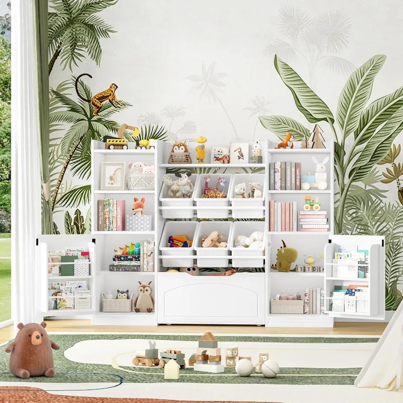 55” Toy Storage Organizer, 5-in-1 Kids Bookshelf with Movable Drawer and Book Shelves Behind The Doors, Toy Organizer