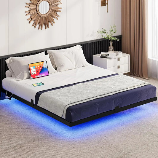 Floating Bed Frame Queen Size with LED Charging Station