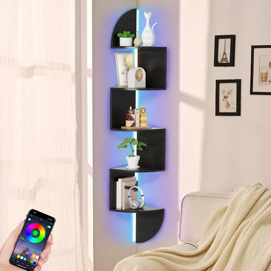 5 Tier Corner Shelf with LED Light Wall Mounted Floating