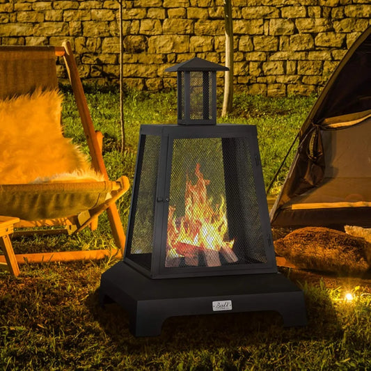 28 Inch Outdoor Wood Burning Fire Pit Square Metal Black Patio Garden