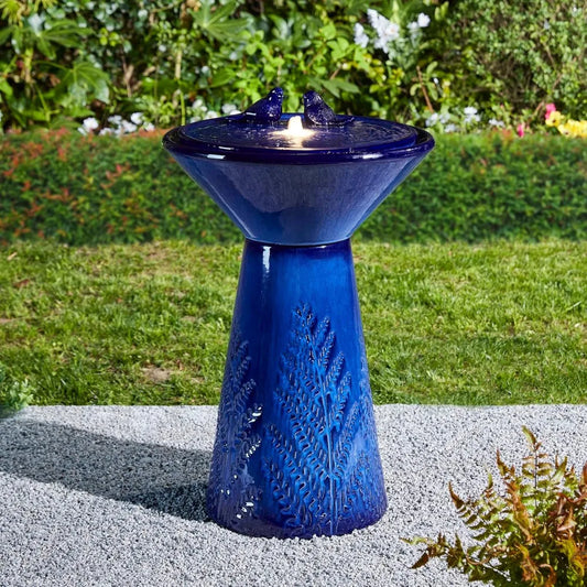 Outdoor Water Fountain With LED Lights And Pump Cobalt Blue Ceramic Pedestal