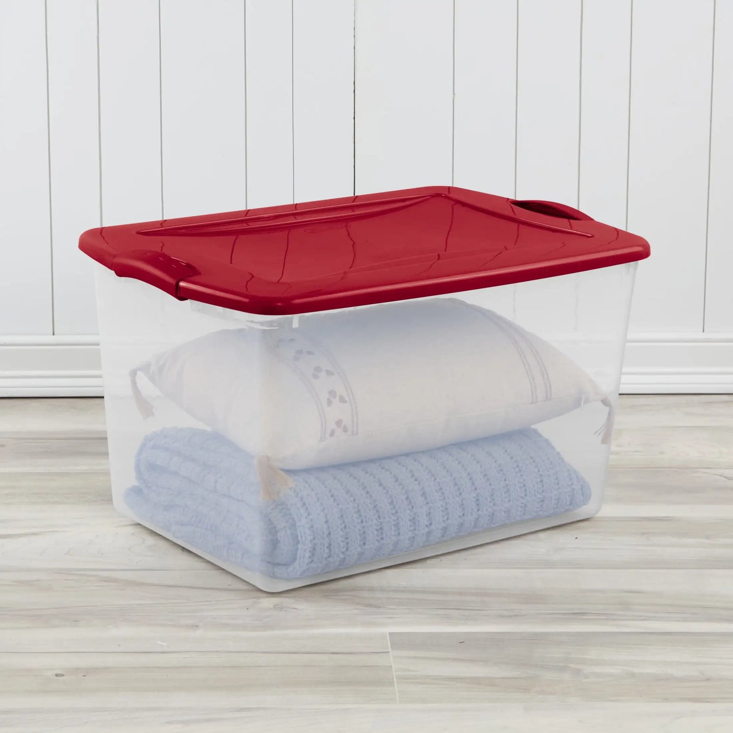 (4 pack) Sterilite Large Storage Bin, 66 Quart Clear Plastic Storage Container with Latch Lid, Blue