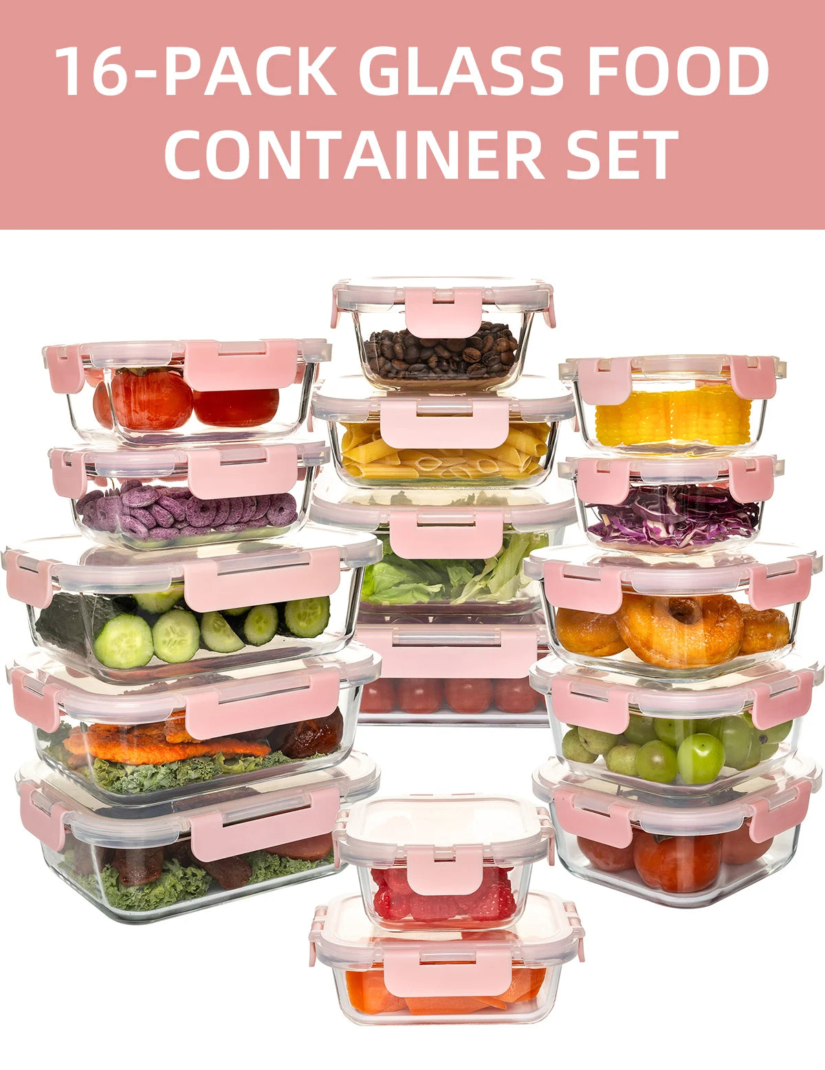 16 Piece Glass Food Storage Containers Leakproof Airtight