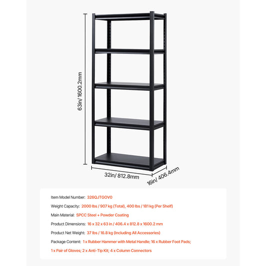 VEVOR 5 Tier Garage Storage Shelves 2000 Lbs Adjustable