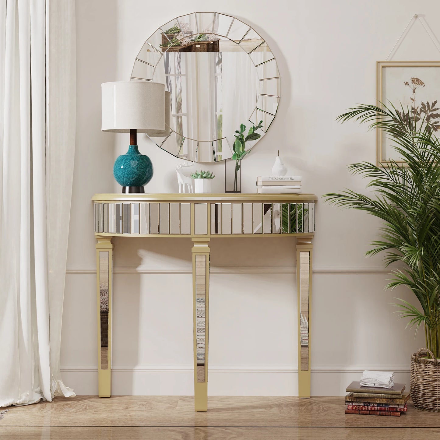 Ornate Mirrored Half Moon Console Table Living Room Silver Hallway Makeup Vanity Table Demi Lune Furniture