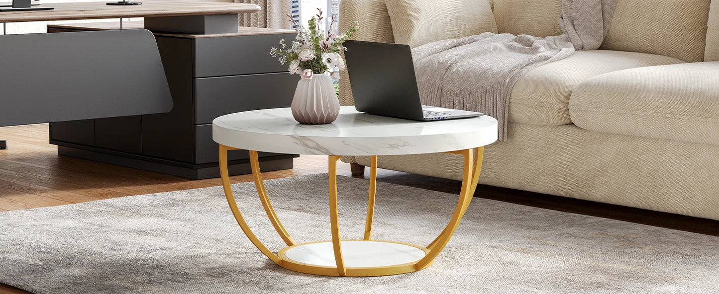 32 Inch Circle Faux Marble Coffee Table With Gold Legs