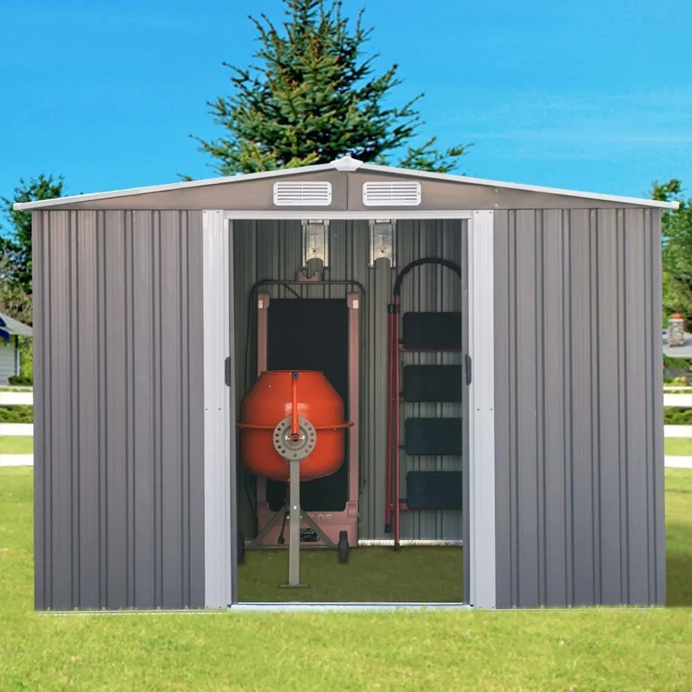 8 X 6FT Outdoor Storage Shed Patio Grey Metal Shed Waterproof