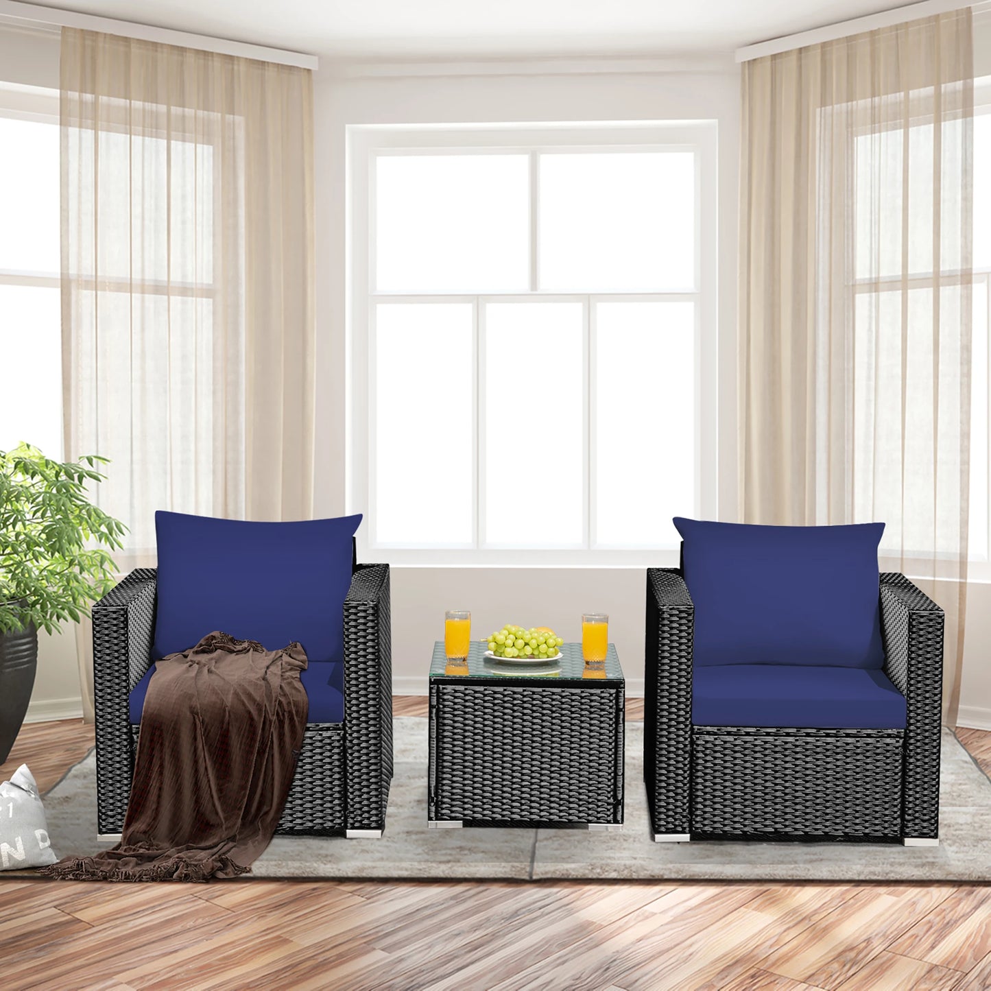 3PCS Patio Rattan Wicker Furniture Set Sofa Table W Cushion Navy