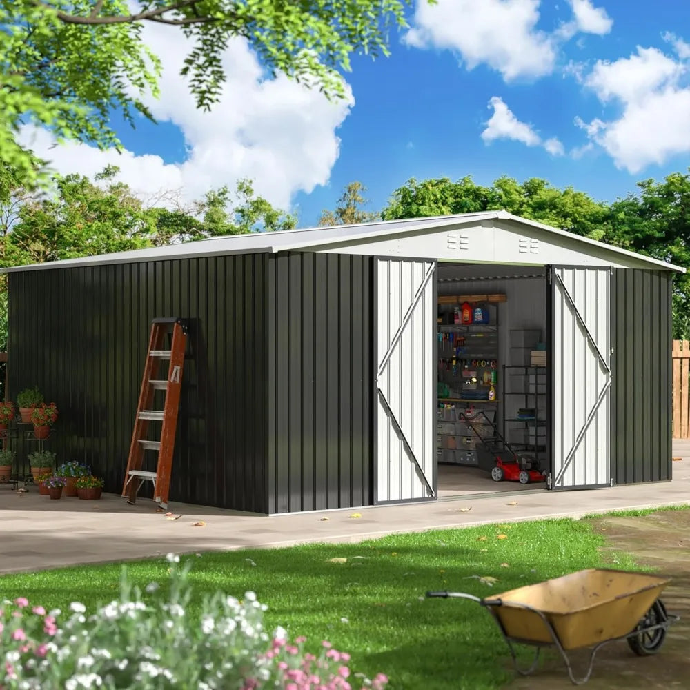 12x14 FT Outdoor Storage Shed, Garden Shed with Updated Frame Structure and Lockable Doors, Metal Tool Sheds , White
