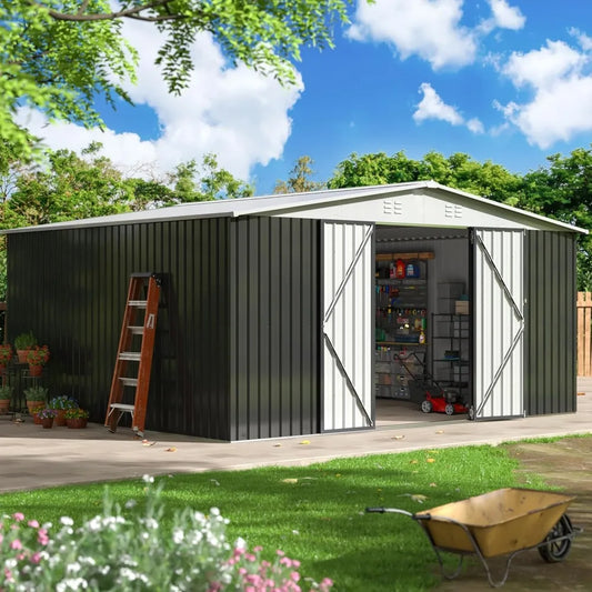 12x14 FT Outdoor Storage Shed, Garden Shed with Updated Frame Structure and Lockable Doors, Metal Tool Sheds , White