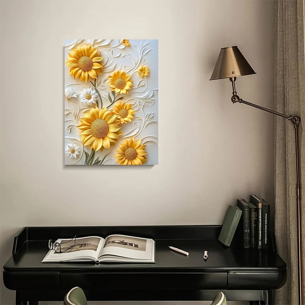 3D Relief Sunflower Canvas Art With Wood Frame Living Room