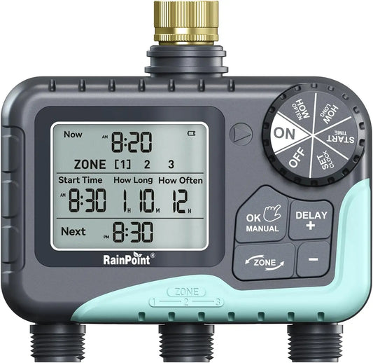3 Zone Sprinkler Timer with Brass Inlet for Garden Hose