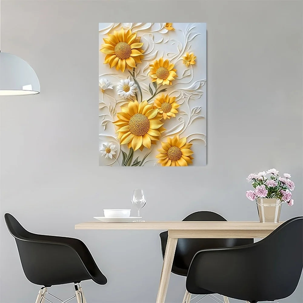3D Relief Sunflower Canvas Art With Wood Frame Living Room