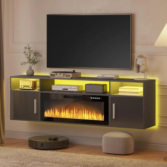 Floating Fireplace TV Stand with LED Lights Modern 70 Inch