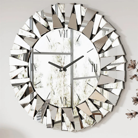Large 3D Mirrored Wall Clock Sunburst 32 Inch Roman Numeral