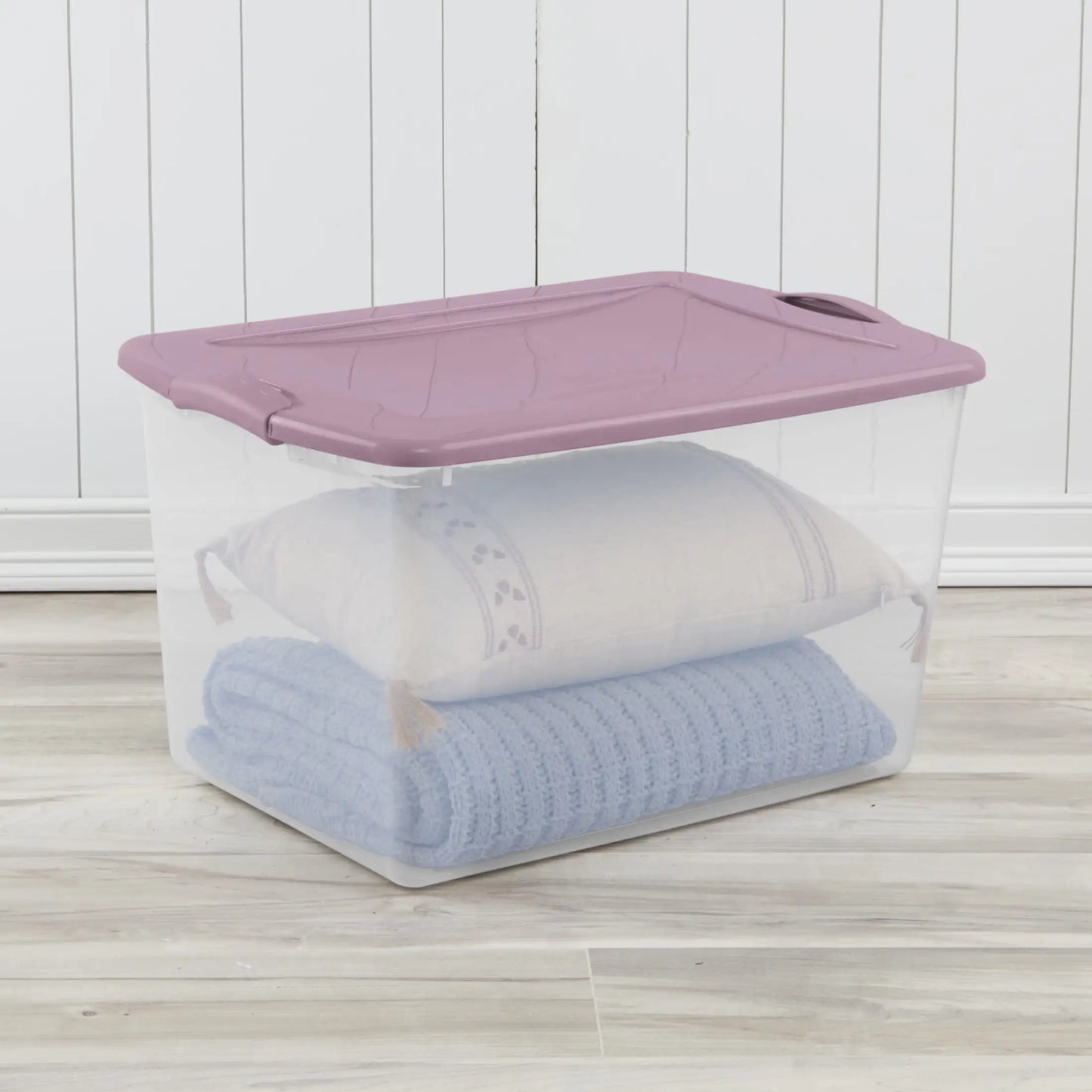 (4 pack) Sterilite Large Storage Bin, 66 Quart Clear Plastic Storage Container with Latch Lid, Blue
