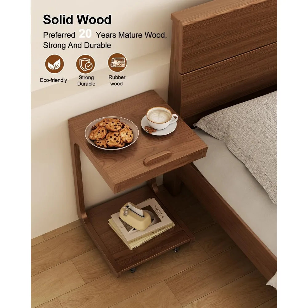 C Shaped Couch Side Table With 2 Lockable Wheels Design