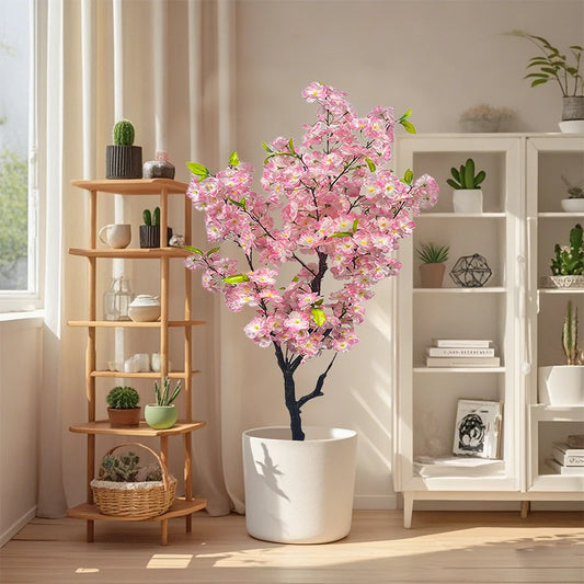 Artificial Cherry Blossom Tree Tall Potted Faux Plant With Lifelike Trunk Indoor