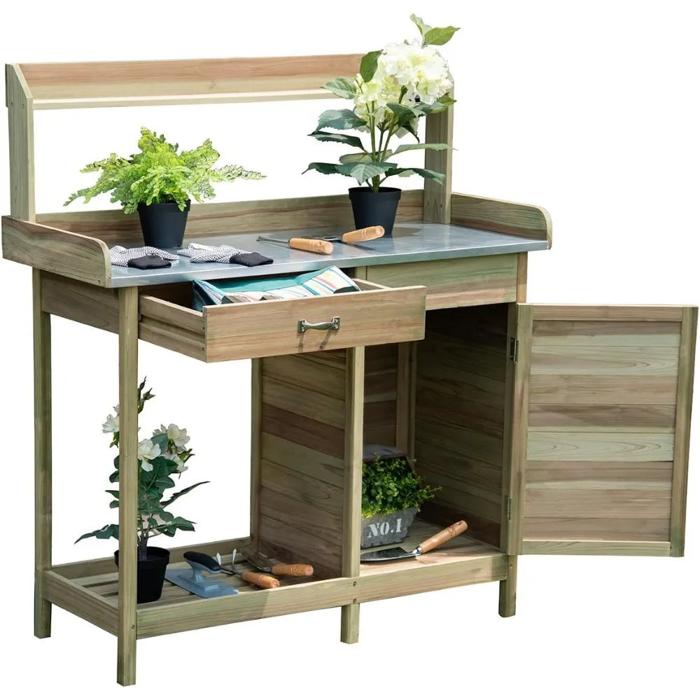 Potting Bench Table Outdoor Natural Fir Wood Garden Storage