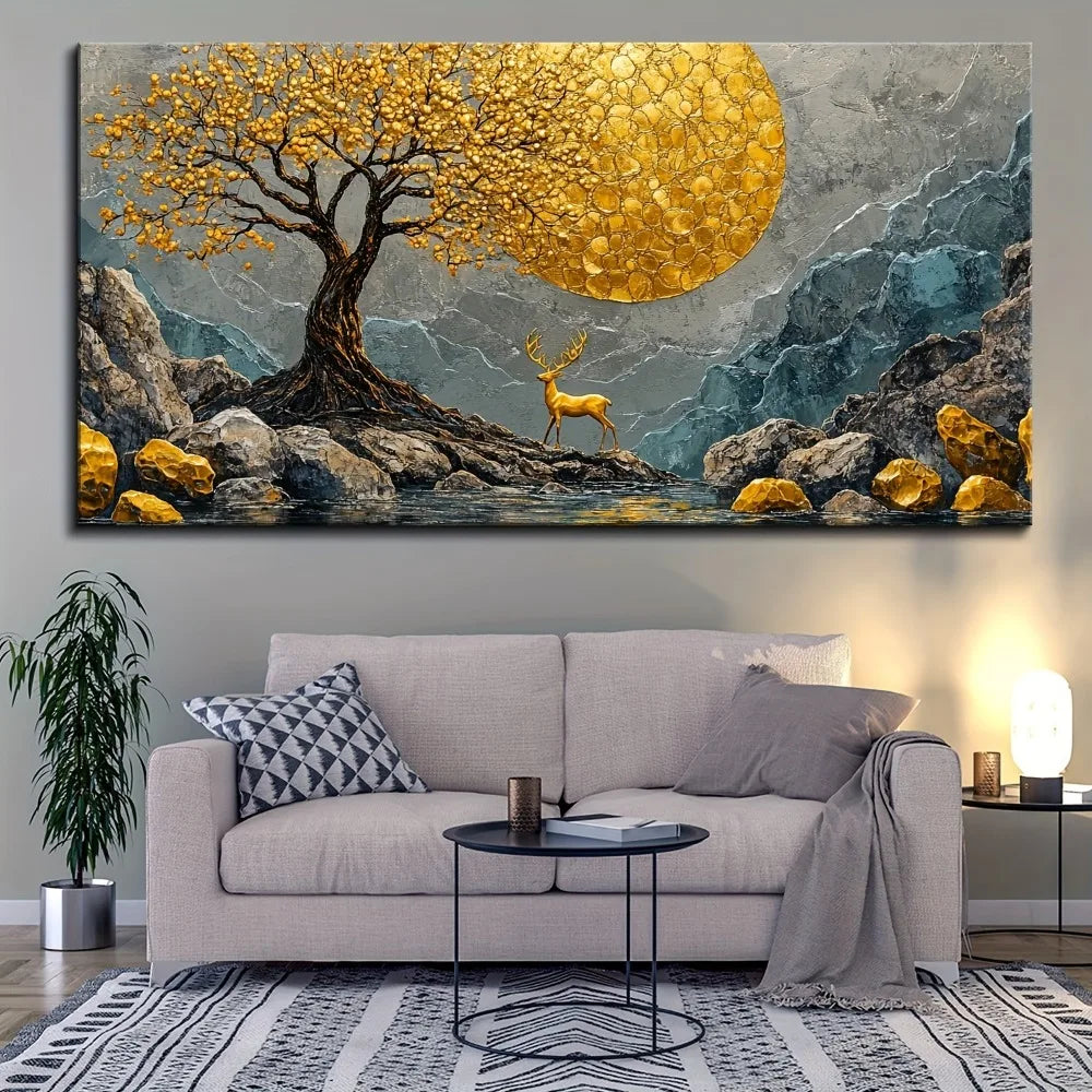 Pine Solid Wood Frame Abstract Yellow Tree Deer Painting