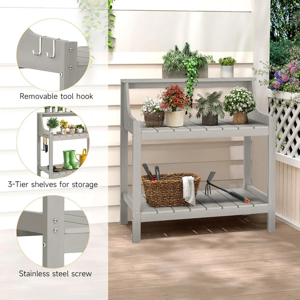 HDPS All Weather Potting Bench Table With 4 Side Hooks