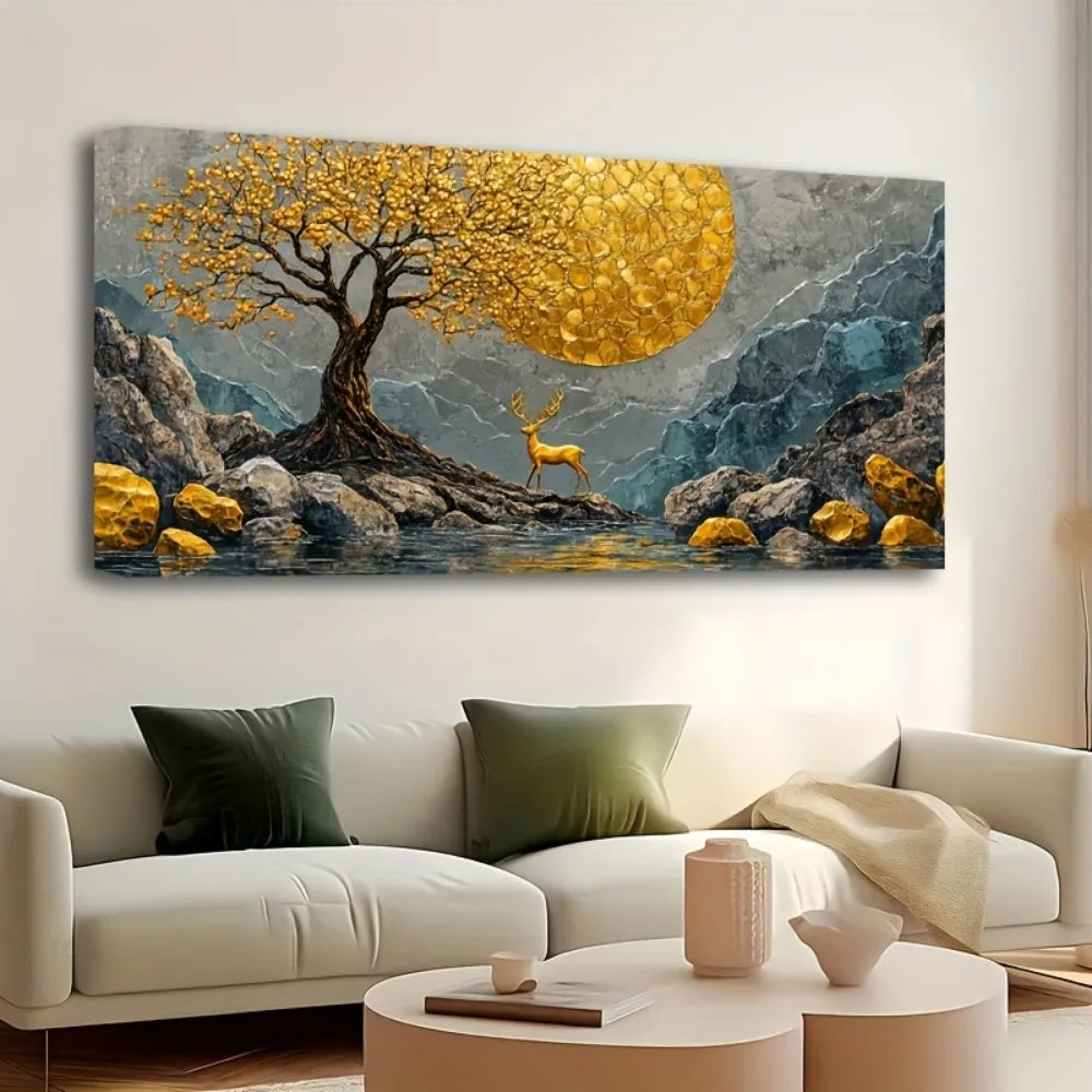 Pine Solid Wood Frame Abstract Yellow Tree Deer Painting