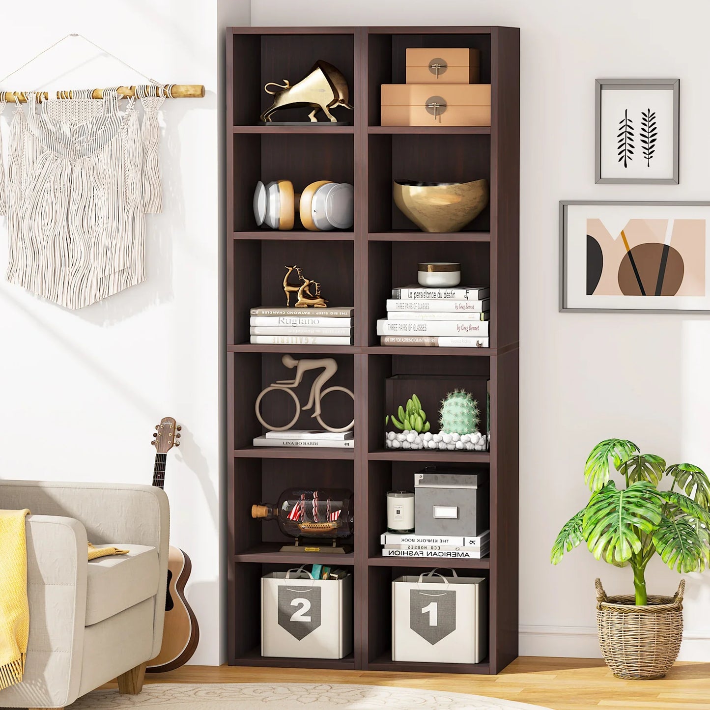 Tribesigns 70.9 Inch Tall Narrow Bookcase, Rustic Corner Bookcase with Storage, 6 Tier Cube Display Shelves for Home Office