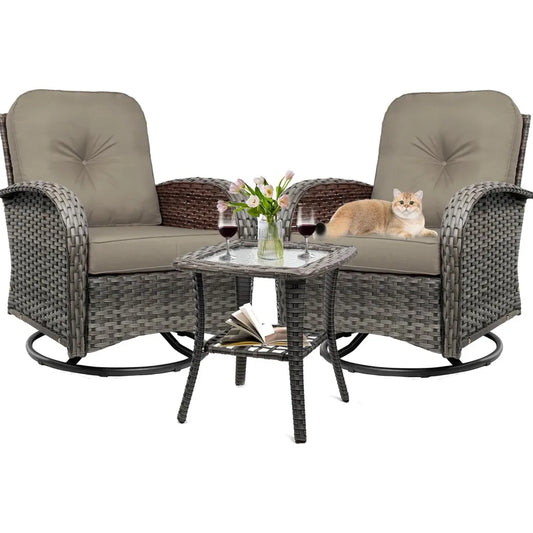 3-Piece Swivel Rocker Wicker Chair Set of 2 for Outdoor Use