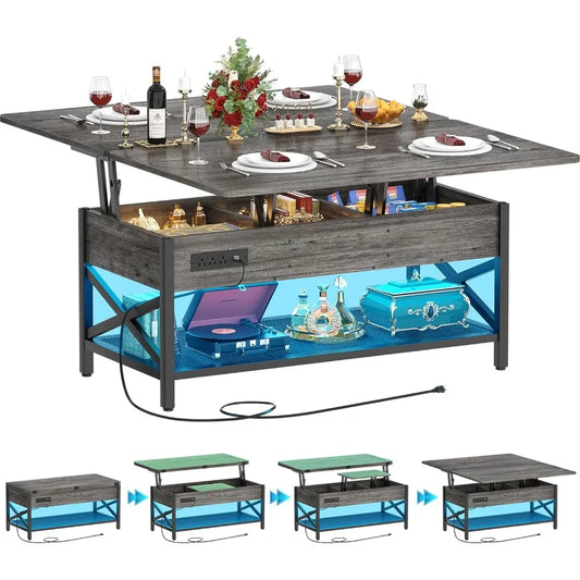 Coffee Table Lift Top Multi-Function Coffee Table Converts to Dining Table with LED Light and Power Outlet