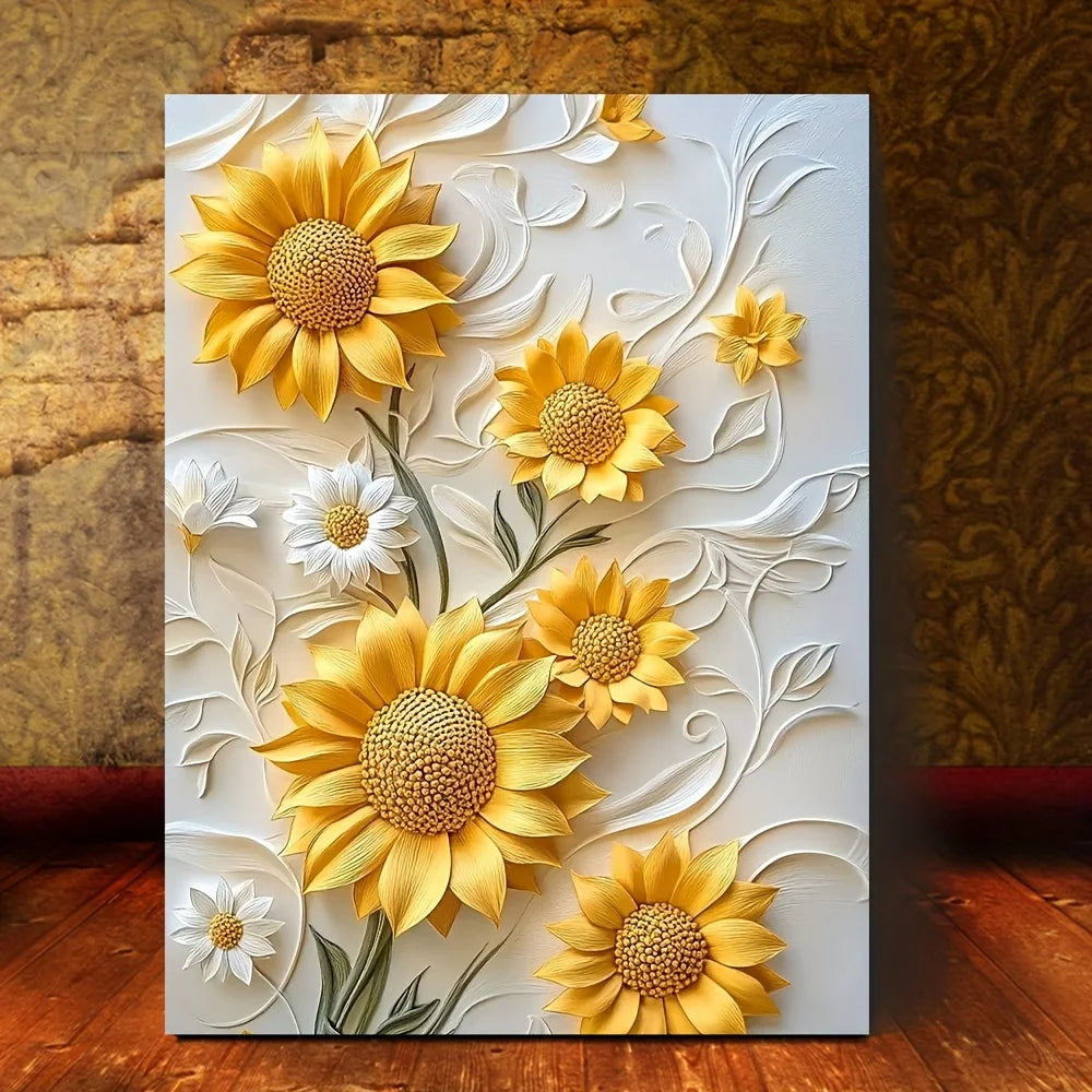 3D Relief Sunflower Canvas Art With Wood Frame Living Room