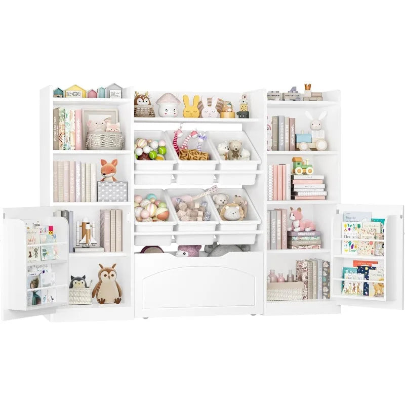 55” Toy Storage Organizer, 5-in-1 Kids Bookshelf with Movable Drawer and Book Shelves Behind The Doors, Toy Organizer