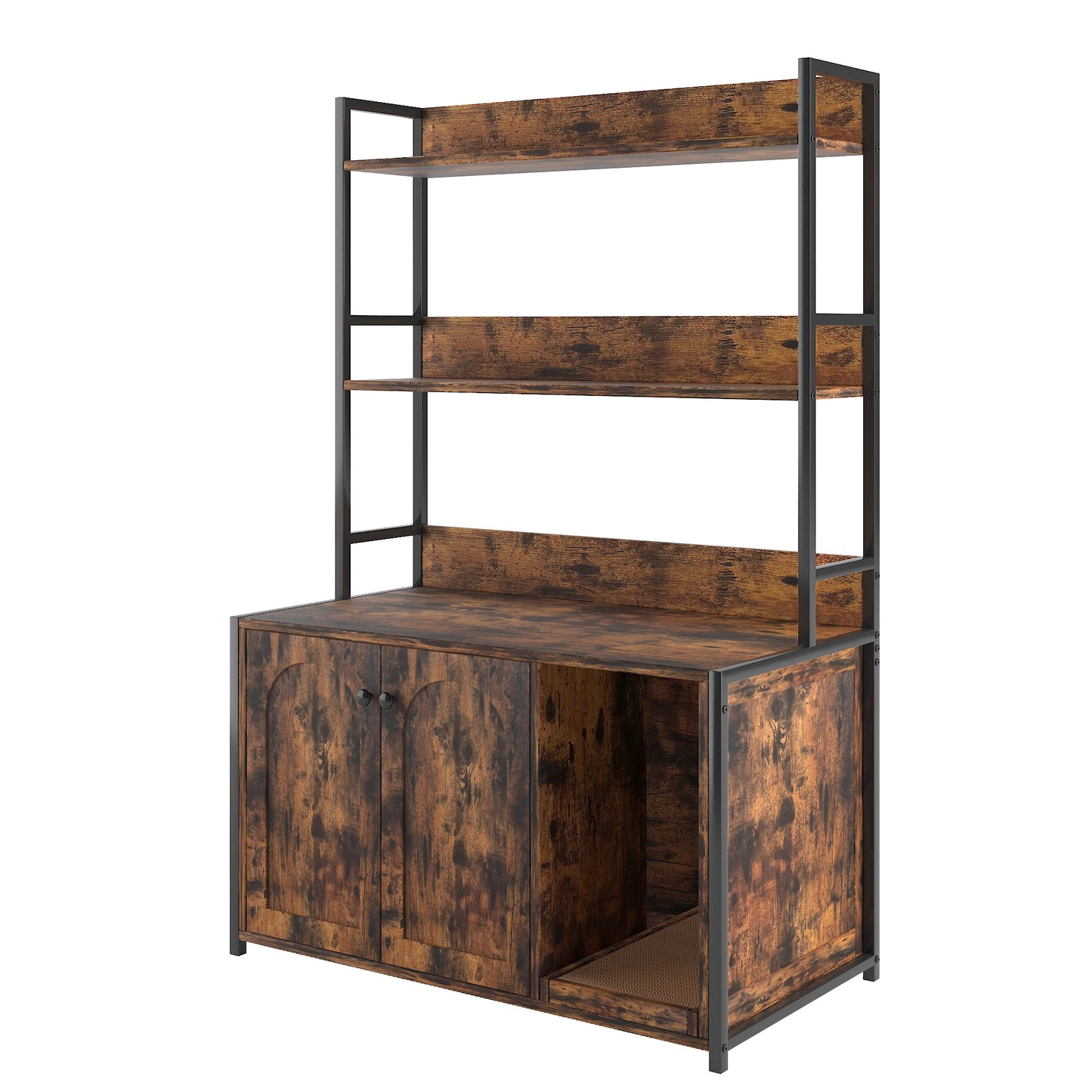 Wooden Hidden Cat Litter Box Enclosure With Shelves Doors