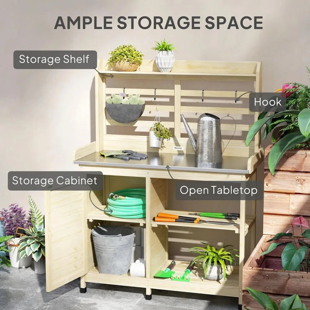 Outdoor Wooden Potting Bench Garden Workstation With Cabinet