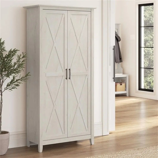Key West Tall Storage Cabinet with Doors and Shelves in Linen White Oak 2 Door Organizer for Home Office