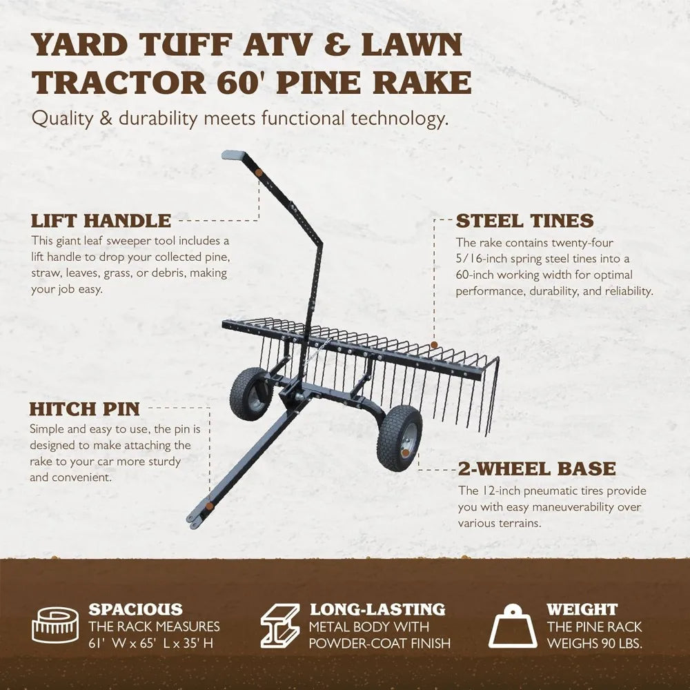 Yard Tuff Pine Straw Rake Heavy Duty Steel Sweeper 60 Inch