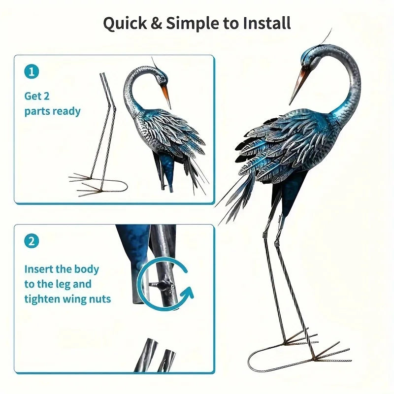 Blue Heron Rustic Metal Garden Crane Statues for Outdoor Decor