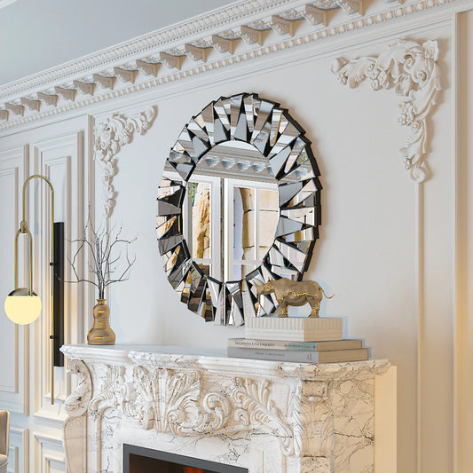 32 Inch Round Sunburst Wall Mirror Modern Silver Beveled
