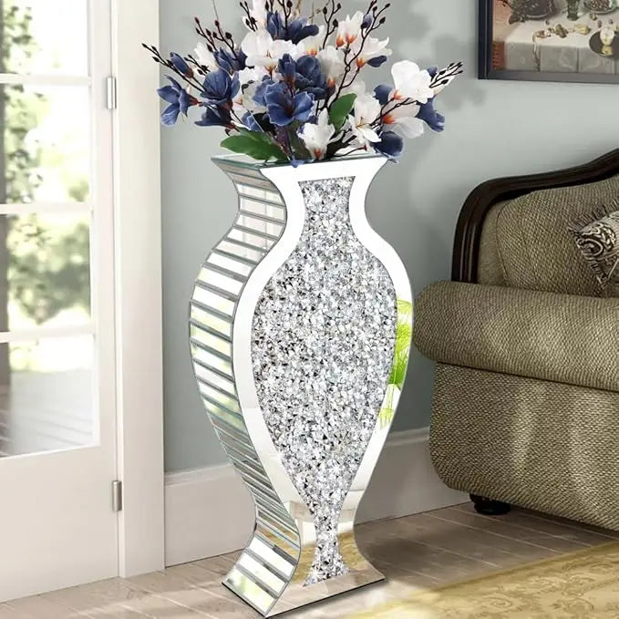 Crystal Silver Floor Vase, Broken Diamond Decorative Mirror