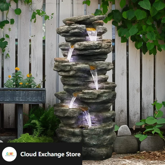 40 Inch 6 Tier Cascading Rock Outdoor Water Fountain Led