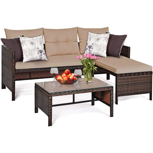 Patio Corner Sofa Set 3 Piece Outdoor Rattan Lounge Chaise Loveseat and Coffee Table