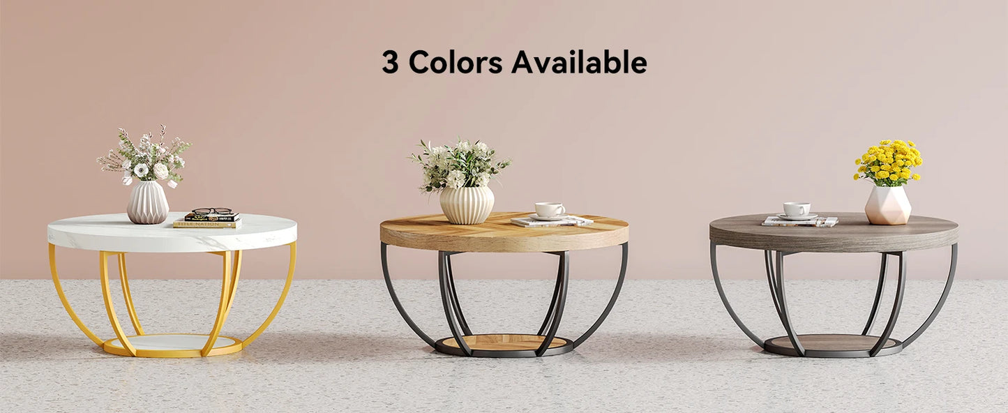 32 Inch Circle Faux Marble Coffee Table With Gold Legs