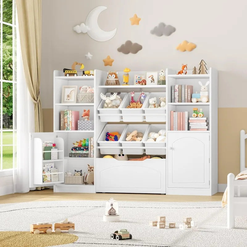 55” Toy Storage Organizer, 5-in-1 Kids Bookshelf with Movable Drawer and Book Shelves Behind The Doors, Toy Organizer