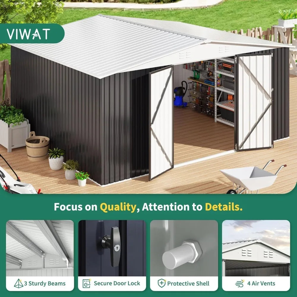12x14 FT Outdoor Storage Shed, Garden Shed with Updated Frame Structure and Lockable Doors, Metal Tool Sheds , White