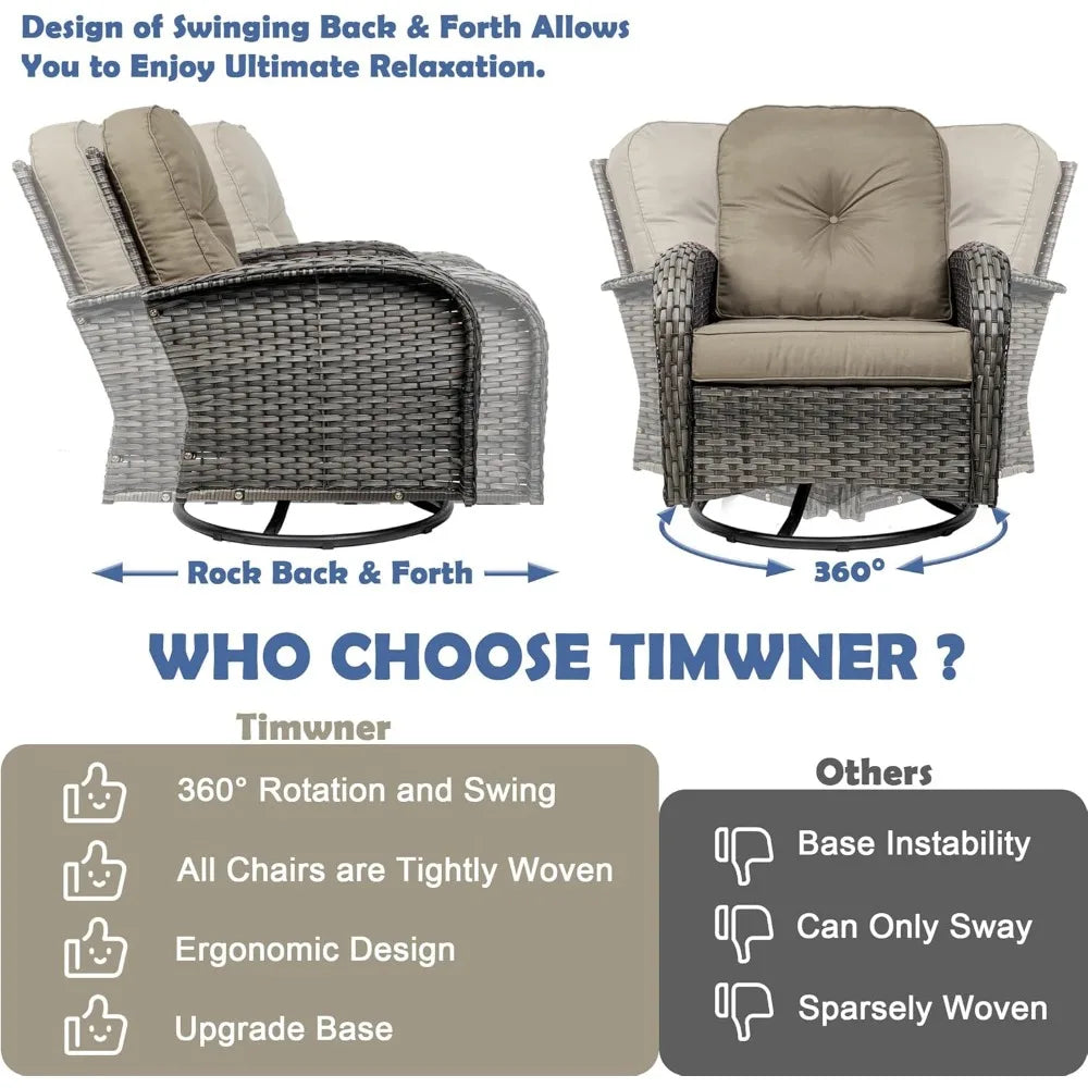 3-Piece Swivel Rocker Wicker Chair Set of 2 for Outdoor Use