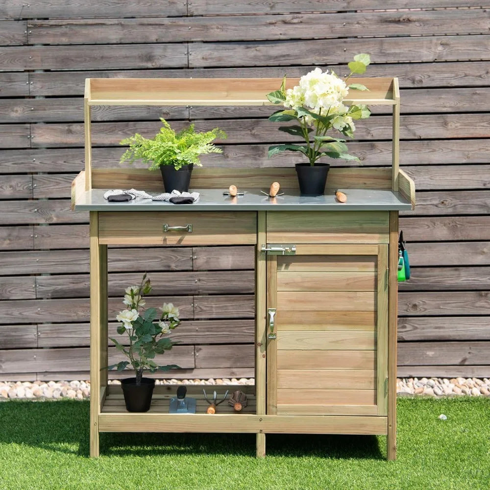 Potting Bench Table Outdoor Natural Fir Wood Garden Storage